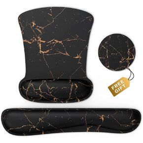 PULAIXIN Ergonomic Mouse Pad Wrist Support & Keyboard Set Memory Foam Non-Slip Rubber Base Cute Mouse Mat Coaster for Home,Computer,Office Easy Typing and Relieve Wrist Pain - Black Marble