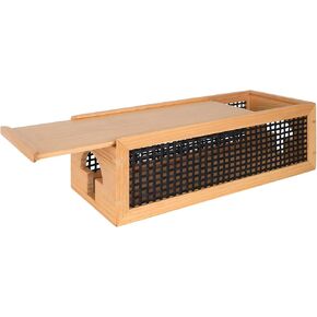 HTB Pinewood Cable Management Box with Bamboo Rattan Mesh - Vintage Cord Organizer Box for Desk with Valet Tray, Cord Management Box with Pull-Out Lid Design Safe for Kids and Pets (Black)