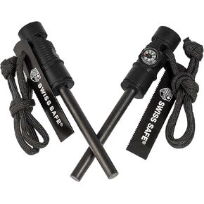 Swiss Safe 5-in-1 Magnesium Ferro Rod Fire Starter Survival Tool - Flint & Steel Striker, Compass, Paracord & Whistle - Emergency Kit for Backpacking, Camping, Hiking - All-Weather