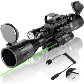 4-16x50AO Rifle Scope Combo Red/Green Dual Illuminated with Green Laser 4 Holographic Reticle Red Dot 5Modes Flashlight for Rail Mount