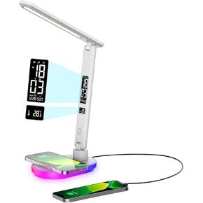 LED Desk Lamp with 10W QI Wireless Charging, Flexo Table Lamp with 3 Colors and 5 Brightness Levels with Charging Function,USB,Clock,Temperature,LCD,Date,Touch Control. (White)
