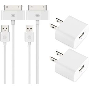 ESK Certified 6 Feet 30 Pin USB Charging Cable with 5W USB Power Adapter for iPhone 4/4s, iPhone 3G/3GS, iPad 1/2/3, iPod Touch 1/2/3/4 (2 Pack)