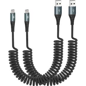 JUKEKUL Car Carplay USB A to USB C Cable for iPhone 16/15 Plus Pro Max, 2 Pack Coiled Fast Charging USB to USB C Cable for 10th Gen iPad Pro iPad Air 5th 4th Mini 6th Gen and USB C Devices 3FT