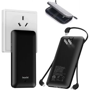Portable Power Bank, Ultra Slim 10000mAh Portable Charger, USB C External Battery Pack with Built-in AC Plug, Charging Cable, Output Port, Compatible with All Kinds of Cellphones …