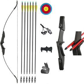 TOPARCHERY Archery 57" Takedown Youth Recurve Bow and Arrow Set Long Bow Kit with 6pcs Fiberglass Arrows for Beginner Teenagers Right Left Hand Black - Draw Weight 20lbs- 40lbs