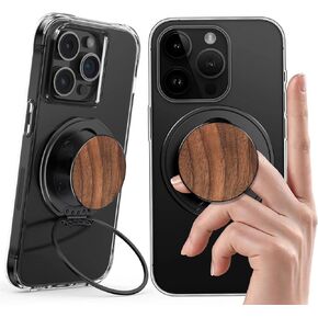 Slim Phone Grip， Magnetic Phone Ring Stand，Ultra Thin Phone Kickstand with Finger Loop Strap, Phone Ring Holder for Mag Safe iPhone 16/15/14/13/12 Series (Walnut Wood)
