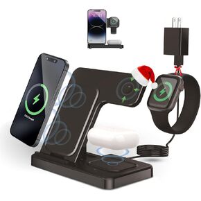 Wireless Charger Compatible Apple, Glymoicho Fast Wireless Charging Station for iPhone 16 15 14 13 12 Pro Max Plus, 3 in 1 Wireless Charger Stand for Apple Watch Ultra 10 9 8 7 6 Se Airpods Pro 3 2