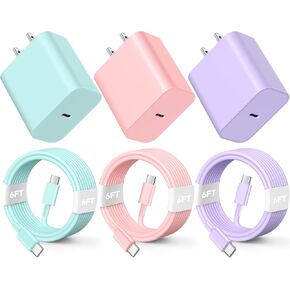 Phone 16 15 Charger Fast Charging, 3 Pack 20W USB C Colorful Wall Charger Block with 6ft USB-C to C Cable Compatible with iPhone 16 15 Pro/Plus/Pro Max,Pad Pro 12.9/11 inch,Pad Air 5th
