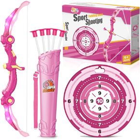 SpringFlower Bow and Arrow Toys with LED Flash Lights for Girls 5 6 7 8 9 10 Year Old, Archery Set Indoor Outdoor Activity with 10 Suction Cup Arrows,Quiver & Target,Birthday for Girls