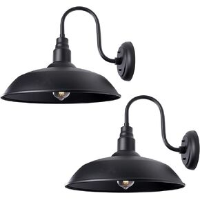 16" Gooseneck Light Fixture for Barn Door, 2 Pack Large Barn Light for Front Porch, Black Outdoor Farmhouse Light with Goose Neck Arm, Exterior Wall Dome Light for House Garage