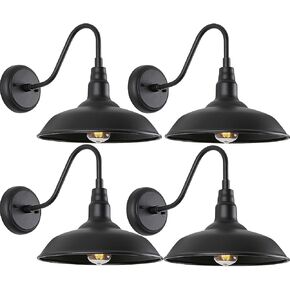Gooseneck Barn Light with 14in Dome, 4 Pack Large Exterior Farmhouse Light with Wall Mount, Black Outdoor Wall Sconce for Porch Garage Door