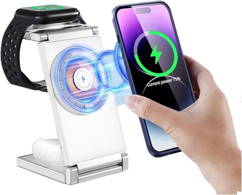 Magnetic Charging Station Compatible with Apple Devices, Travel, 3-in-1 Foldable Dock Compatible with AirPods, Watch, iPhone 15/14/13/12 Max/Pro/Mini, (White) in Saudi Arabia