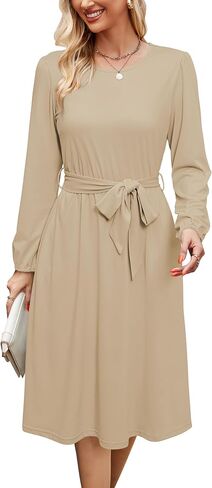 Newshows Women's 2023 Fall Winter Long Sleeve Dress Casual Work Tie Elastic Waist Belted Midi Dress with Pockets in Kuwait