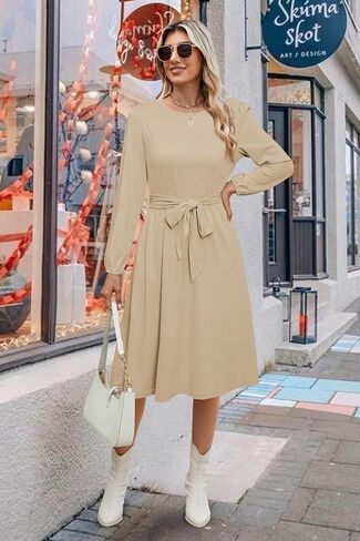 Newshows Women's 2023 Fall Winter Long Sleeve Dress Casual Work Tie Elastic Waist Belted Midi Dress with Pockets in Kuwait