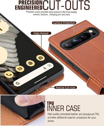 OCASE متوافق مع حافظة محفظة Google Pixel 9 وGoogle Pixel 9 Pro، حافظة قابلة للطي من جلد البولي يوريثان مع حامل بطاقات RFID ومسند [غلاف داخلي من مادة TPU مقاوم للصدمات] غطاء هاتف 2024، بني in Kuwait