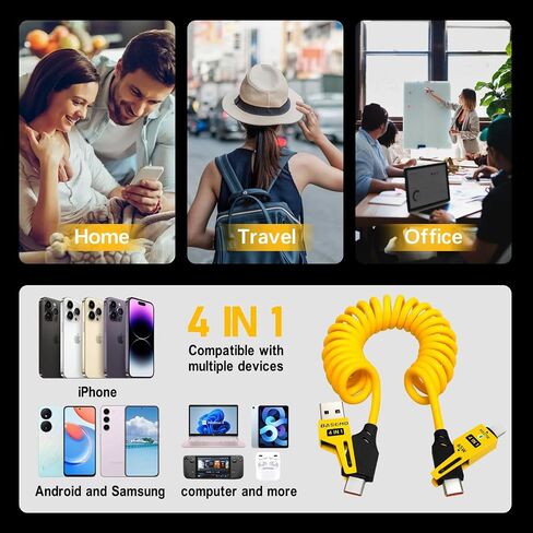 4 in 1 USB C Charging Cable for Car,65W Fast Charging Cable,USB C to Type C to Li-tning Charger Cord for iPhone iPad MacBook Samsung,480Bmps Faster Data Transfer,Rebound Tidy Multi Charger Cord in Saudi Arabia