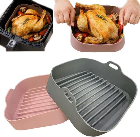 2Pcs Air Fryer Silicone Pot, 8.1 IN Easy Cleaning Air Fryer Accessory, Food-Grade Reusable Air Fryer Basket, for 6 QT or Bigger, Square - 8.1" x 2.0" (2Pcs 8.1 Inch) in Saudi Arabia