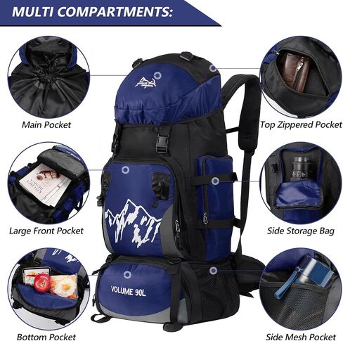 90L Hiking Backpack, Camping Travel Backpack with Rain Cover Lightweight Travel Daypack for Climbing Camping Touring (Blue) in Saudi Arabia