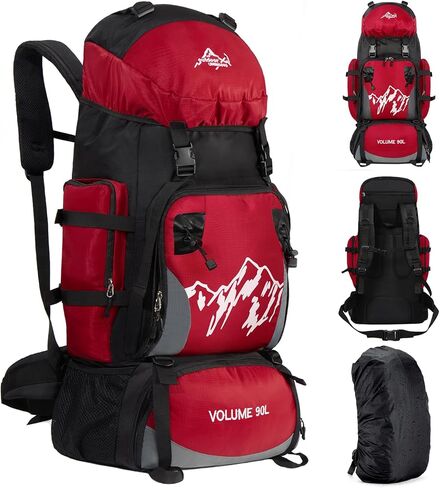 حقيبة ظهر للمشي لمسافات طويلة سعة 90 لترًا، حقيبة ظهر للسفر للتخييم مع غطاء للمطر، حقيبة نهارية خفيفة الوزن للسفر للتسلق والتخييم والتجول (أزرق) in Kuwait