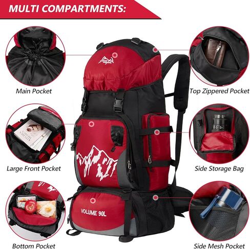 حقيبة ظهر للمشي لمسافات طويلة سعة 90 لترًا، حقيبة ظهر للسفر للتخييم مع غطاء للمطر، حقيبة نهارية خفيفة الوزن للسفر للتسلق والتخييم والتجول (أزرق) in Kuwait