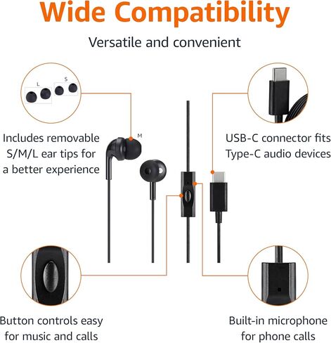 Amazon Basics In Ear Wired USB-C Earbuds, with Microphone, One size, Black in Saudi Arabia