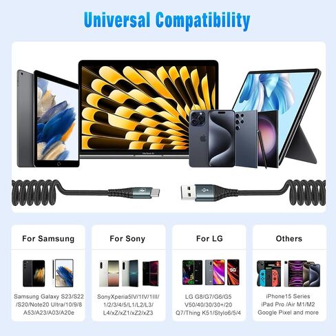 JUKEKUL Car Carplay USB A to USB C Cable for iPhone 16/15 Plus Pro Max, 2 Pack Coiled Fast Charging USB to USB C Cable for 10th Gen iPad Pro iPad Air 5th 4th Mini 6th Gen and USB C Devices 3FT in Saudi Arabia