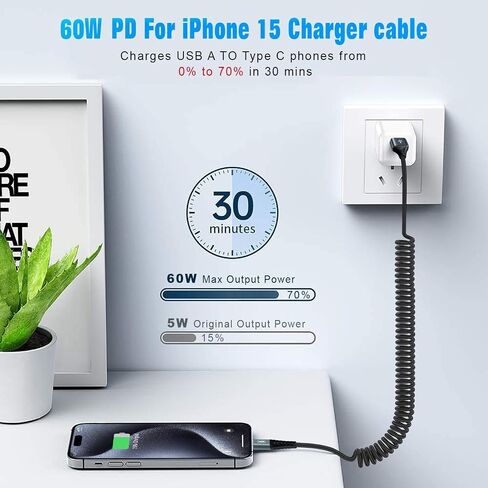 JUKEKUL Car Carplay USB A to USB C Cable for iPhone 16/15 Plus Pro Max, 2 Pack Coiled Fast Charging USB to USB C Cable for 10th Gen iPad Pro iPad Air 5th 4th Mini 6th Gen and USB C Devices 3FT in Saudi Arabia