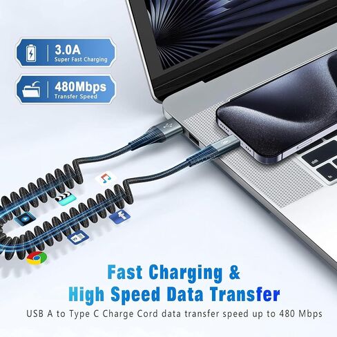 JUKEKUL Car Carplay USB A to USB C Cable for iPhone 16/15 Plus Pro Max, 2 Pack Coiled Fast Charging USB to USB C Cable for 10th Gen iPad Pro iPad Air 5th 4th Mini 6th Gen and USB C Devices 3FT in Saudi Arabia