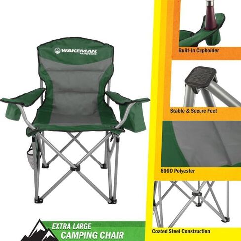 Wakeman Outdoors Oversized Camping Chair - Heavy Duty Folding Chair with Cooler Pouch and Carry Bag for Camp Sites, Tailgates, or Beach (Green) in Saudi Arabia
