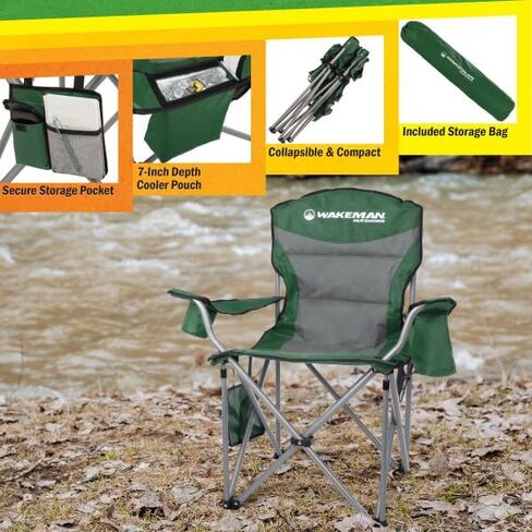 Wakeman Outdoors Oversized Camping Chair - Heavy Duty Folding Chair with Cooler Pouch and Carry Bag for Camp Sites, Tailgates, or Beach (Green) in Saudi Arabia