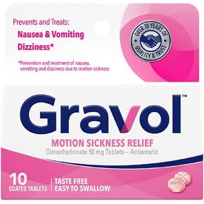 Gravol Motion Sickness Relief and Nausea Prevention, Easy to Swallow Coated Tablets, Anti-Nausea Medication Travel Essentials, 50 mg, 30 Count
