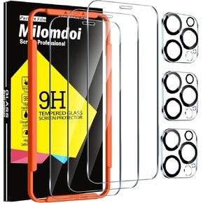 Milomdoi 3 Pack Screen Protector for Apple iPhone 12 Pro with 3 Pack Tempered Glass Camera Lens Protector, Ultra 9H Accessories, Case Friendly, Mounting Frame, 2.5D Curved, Transparent