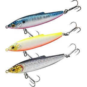 3 Pieces Fishing Lures Pencil Lures, Long Casting Sinking Pencil Lures with Treble Hook, 3D Eyes, Weighted, Rattle Inside, for Freshwater Saltwater, Bass, Pike, Trout