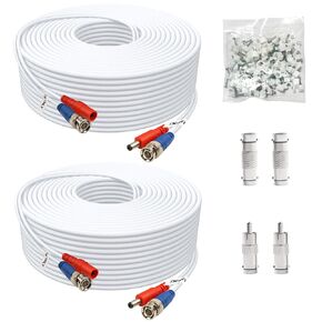 BNC Cable 200ft 2 Pack BNC Video Power Cable,Security Camera Cable for CCTV Camera DVR Security Systems(Included 4X BNC Adapters,100 Pcs Cable Clips)-White
