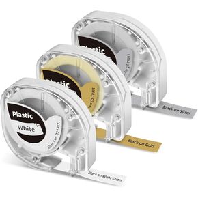 Replacement for DYMO LetraTag Label Maker Refills Pastic Tape for DYMO Letra Tag 100H LT-100T Plus LT110T QX50, 1/2 Inch x 13 Ft (12mm x 4m), Black on Gold/Silver/White Glitter
