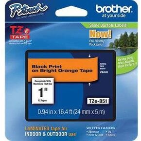 TZEB51 Brother P-Touch TZe 1inch Laminated Lettering Tape - 15/16inch - Direct Thermal - Fluorescent Orange - 1 Each