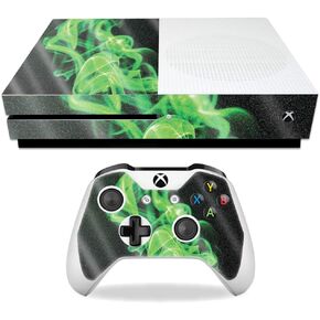 MightySkins Glossy Glitter Skin for Microsoft Xbox One S - Green Flames | Protective, Durable High-Gloss Glitter Finish | Easy to Apply, Remove, and Change Styles | Made in The USA