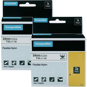 Compatible Industrial Label Tape Replacement for DYMO 1734524 1'' Flexible Nylon Labels Compatible with DYMO Industrial Rhino 6000 6500 Label Makers, Black on White, 1" x 11.5'，2-Pack