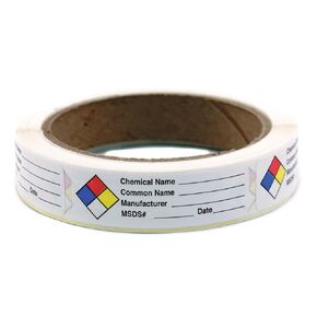 163-0004 Litho Removable Adhesive HMIG Label with 4 Color Imprint, Chemical Name (with blank), 2-1/2" Length x 3/4" Width, For Identifying and Marking, White (Roll of 250)