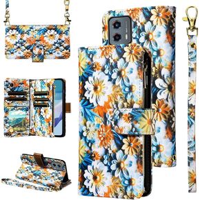 Wallet Case for Motorola Moto G 5G 2023 with Wrist Strap Crossbody Shoulder Strap Flower Leather 6+ Card Slots Zipper Purse Credit Card Holder Protector Stand Phone Cover G5G G5 Girls Pink