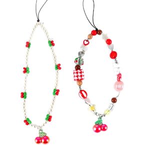 2Pcs Cute Cherry Phone Charm Strap Red Cell Phone Bead Wrist Strap Kawaii Phone Charm Bracelet Chain Wristlet Cherry Phone Keychain Bag Charms Phone Lanyard Wrist for Women Phone Case Accessories