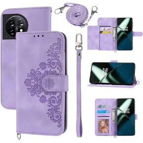 Wallet Case for OnePlus 11 5G with Wrist Strap Crossbody Shoulder Strap,Embossed Leather Flip Credit Card Holder Stand Cell Phone Cover for One Plus11 1 Plus 1plus11 One+ 1+ Women Girls Pink
