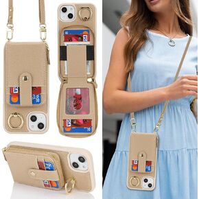 for iPhone 14 Case with Card Holder for Women,for iPhone 13 Crsosbody Case with Strap Lanyard,14 Wallet Case,Zipper Stand Ring Phone Case with Coin Pocket-Black