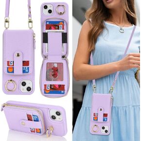for iPhone 14 Case with Card Holder for Women,for iPhone 13 Crsosbody Case with Strap Lanyard,14 Wallet Case,Zipper Stand Ring Phone Case with Coin Pocket-Black in Kuwait