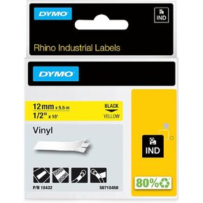 DYMO Rhino Industrial Vinyl Labels, 1/2", Black Print on Yellow Tape