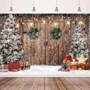 Winter Christmas Backdrop Xmas Photography Backdrop Christmas Rustic Barn Wood Door Backdrop Xmas Tree Snow Gift Kids Adult Family Supplies Banner Party Baby Shower Decoration Background 7x5ft