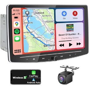 10 بوصة مزدوجة الدين سيارة ستيريو لاسلكي CarPlay لاسلكي Android Auto، راديو سيارة Android قابل للفصل مع مقبض حجم مادي GPS للملاحة بلوتوث كاميرا احتياطية WiFi، 2 جيجابايت + 32 جيجابايت مستقبل صوت السيارة