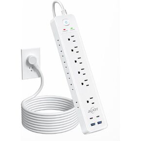 AiJoy Surge Protector Power Strip(1500J), 5Ft Extension Cord with 12 Outlets and 4 USB Ports for iPhone 15/15 Plus/15 Pro/15 Pro Max, Wall Mount Flag Plug for Home, Office, White