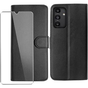 Case Compatible with Samsung Galaxy A13 / A04s, Leather Wallet Flip Book Folio Wallet View Phone Cover Stand + Glass Screen Protector (Black)
