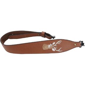 TOURBON Genuine Leather Rifle Sling with Swivels, Embossed Deer Head Gun Strap, Adjustable No-Slip Comfortable Shoulder Belt, Hunting Gifts for Men